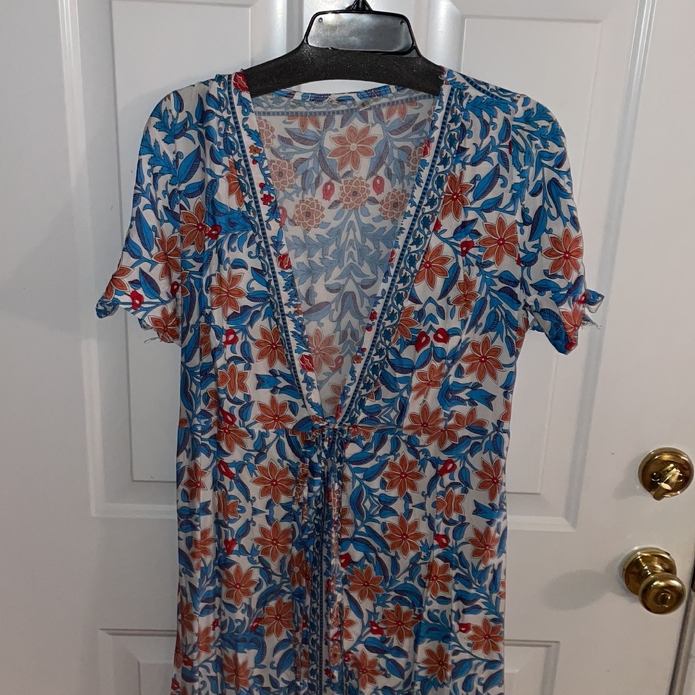 Bohemian Gypsy Floral Print Dress Tie Sleeve Slit - Picture 14 of 15